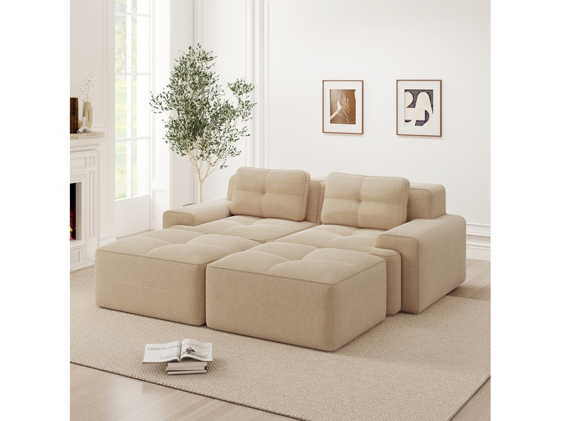 Sofá Cloud U Sin Estructura, Con Otomana De Terciopelo Y Asiento De Base Beige.