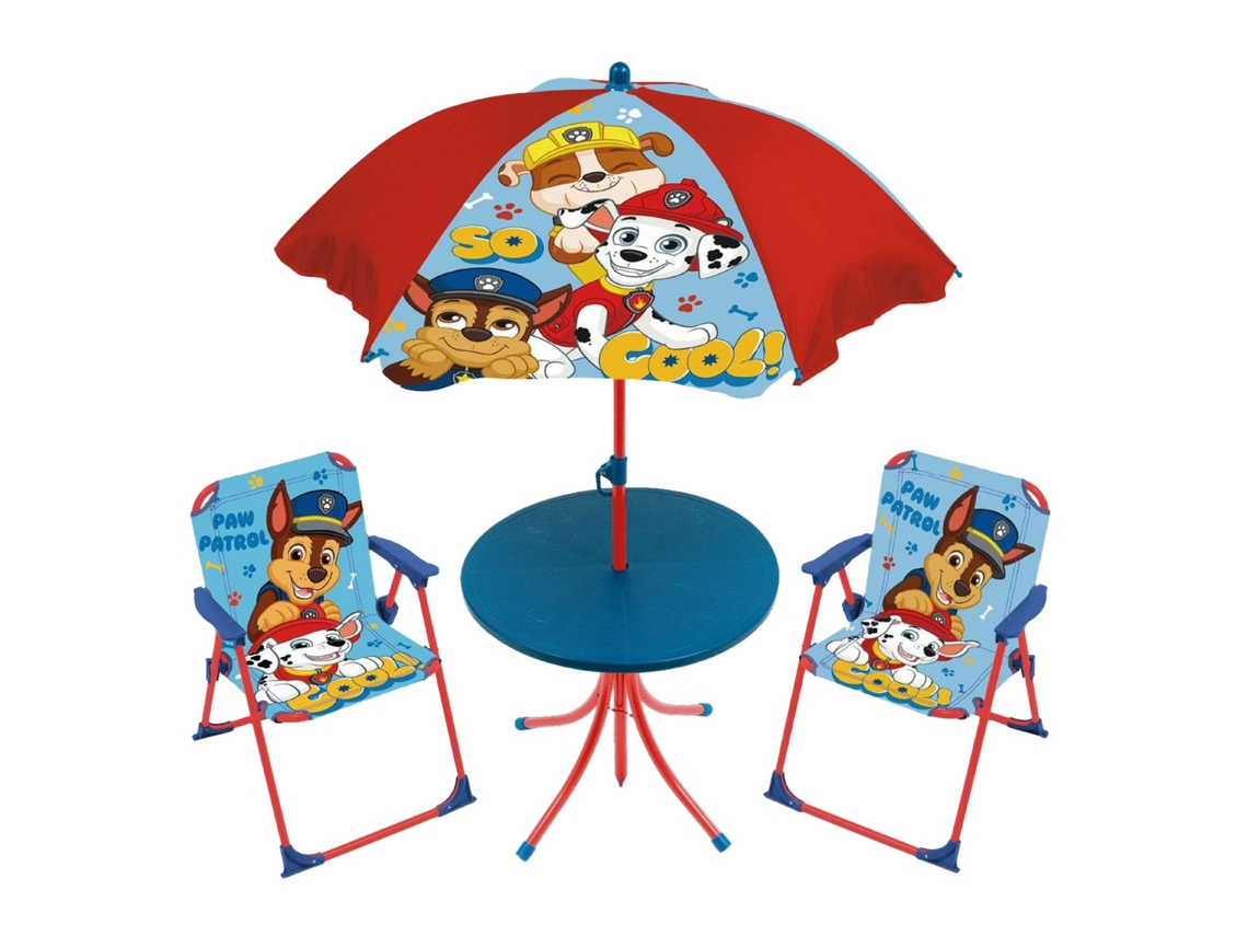 Conjunto de jardín infantil de la Patrulla Canina con mesa, sillas y sombrilla. Merkloos