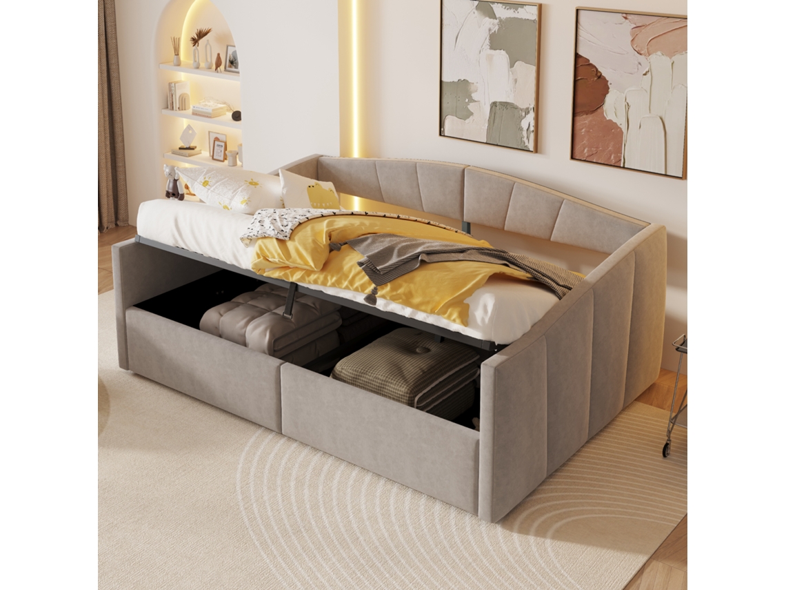 Sofá Cama De 140x200 Cm Con Somier De Láminas Hidráulicas En Terciopelo Gris Claro.