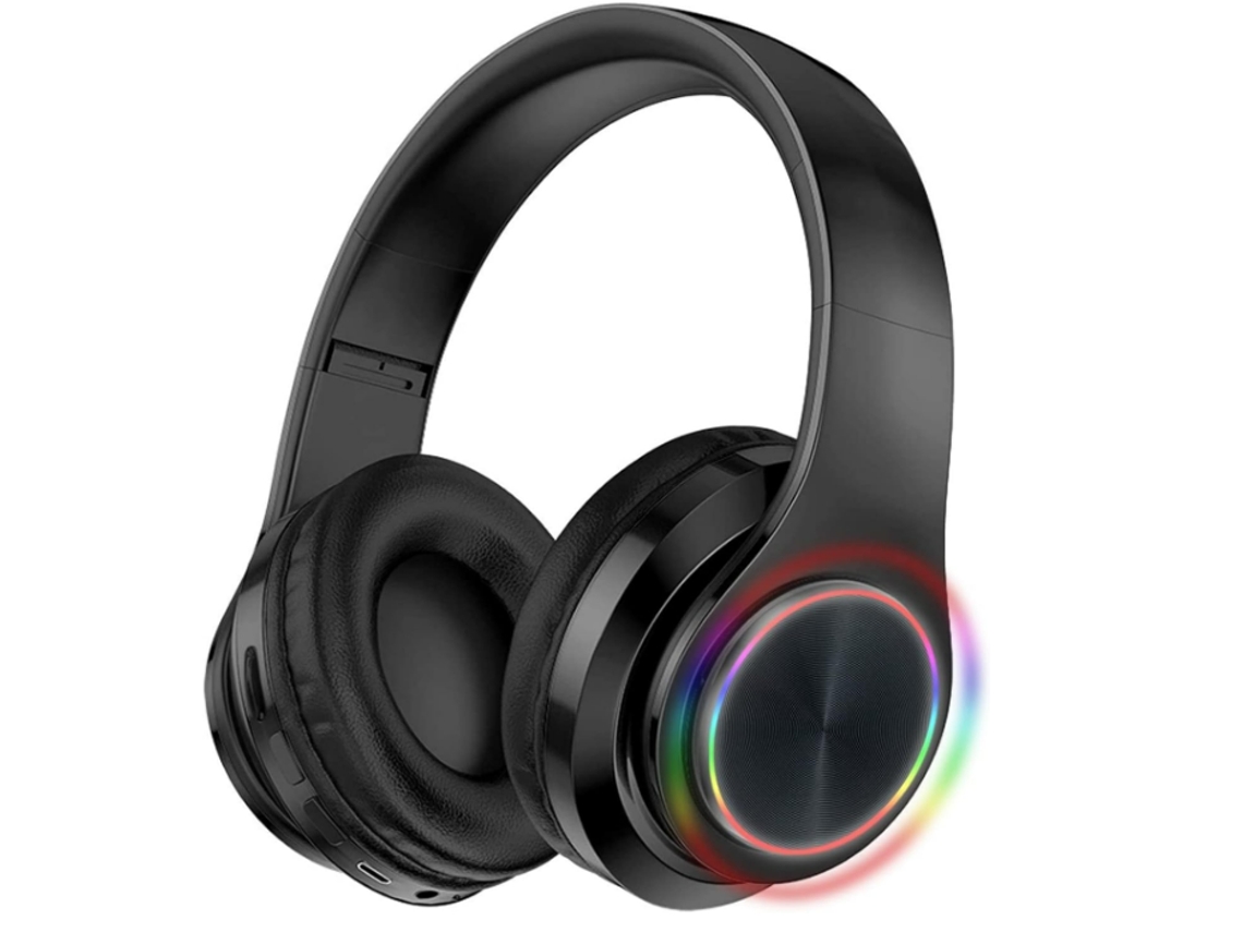 Auriculares Bluetooth 5.1 de diadema con hasta 8 horas de reproducción, LED y micrófono, ranura para tarjeta SD/TF, B39 Negro