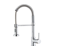 Grifo monomando de cocina con rotación de 360° y dos boquillas extensibles, fabricado en acero inoxidable cromado.