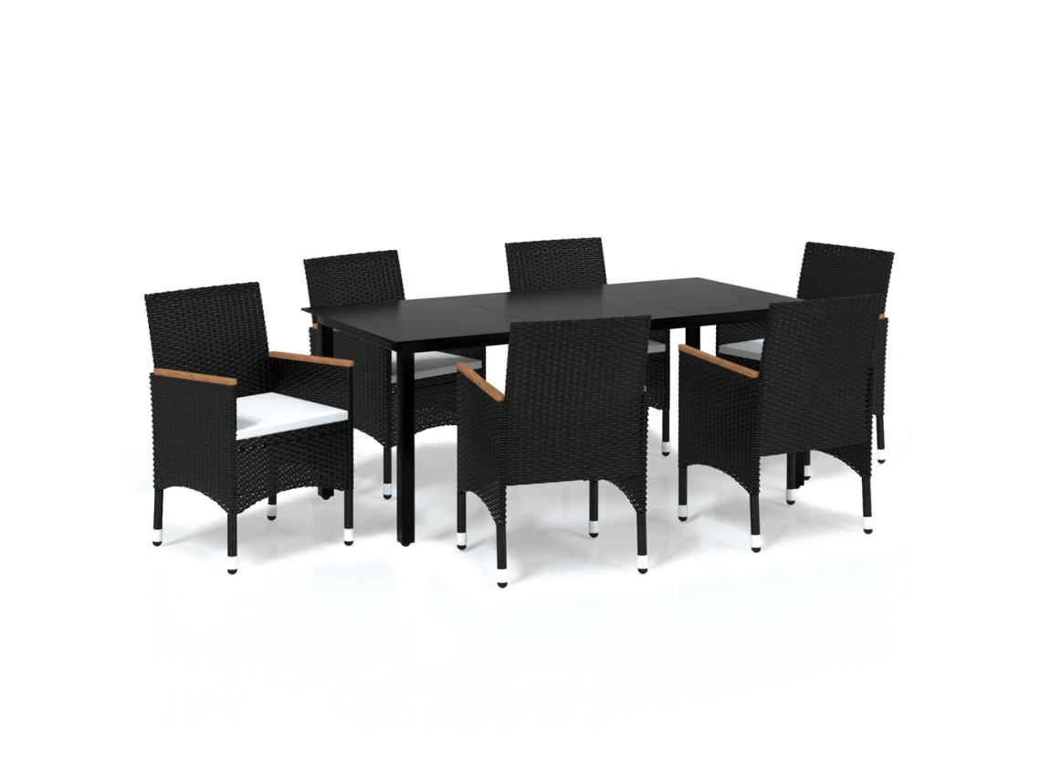 Conjunto 7 de comedor de jardín VIDAXL y cojines ratán sintético negro