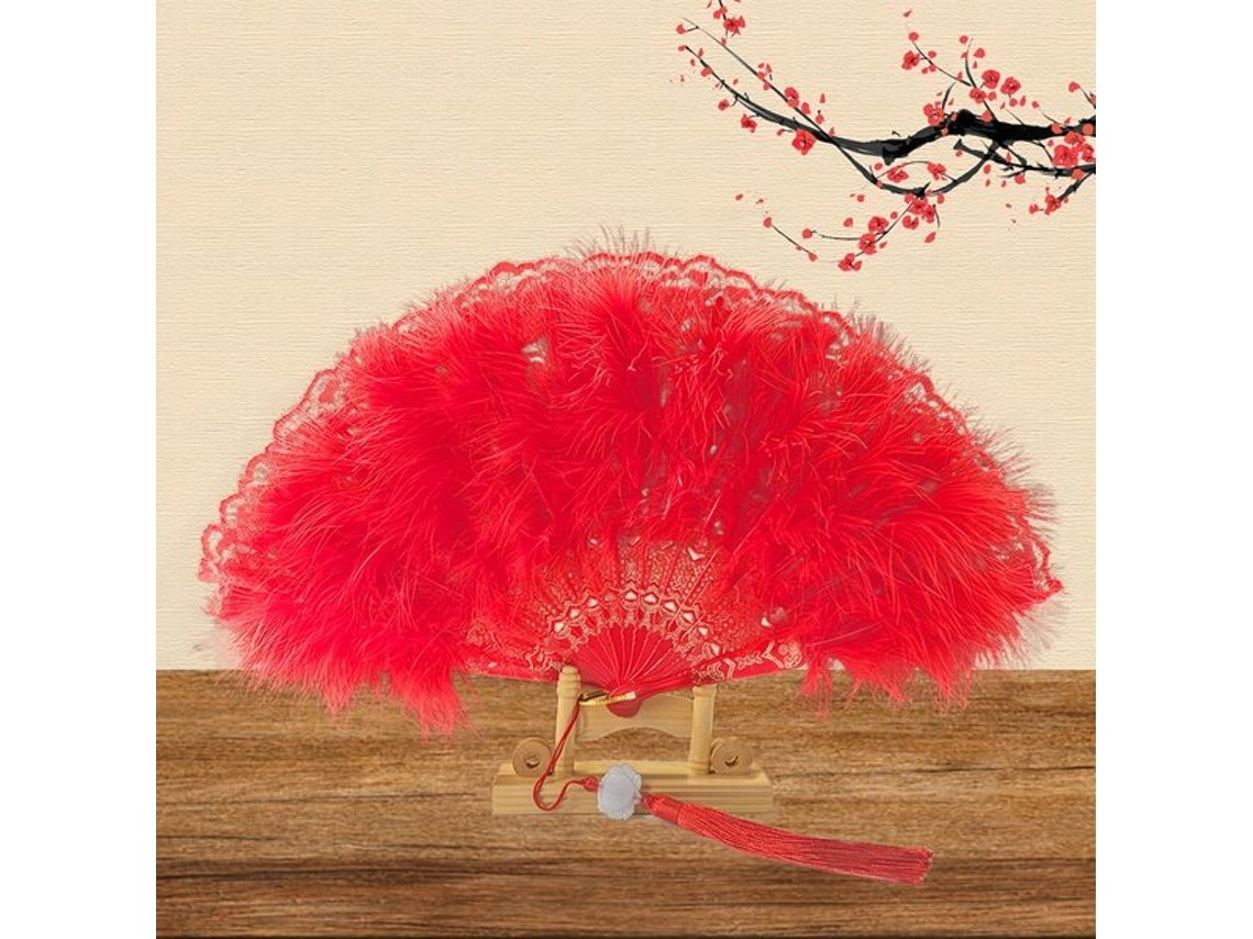 Elegante abanico de encaje y plumas para mujer. Vayotoy