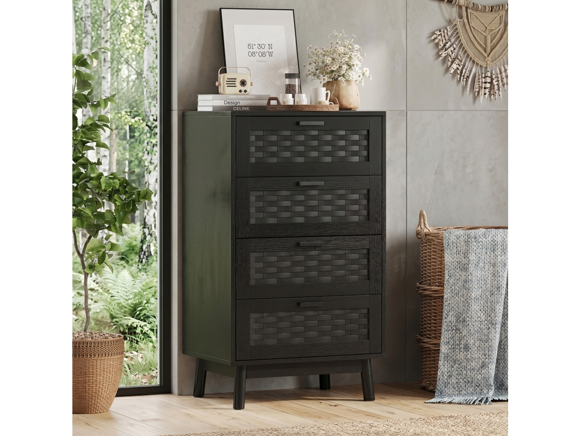 Cómoda De 4 Cajones Para Salón Y Pasillo, Cajonera Y Mueble Auxiliar 55x40x95 Cm Con Diseño De Ratán Sintético De Pvc Y Patas Altas, Negro