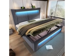 Cama Doble De 160x200 Cm Con Almacenamiento Hidráulico, Iluminación Led, Puertos Usb Y Tipo-c, Tapicería De Terciopelo Gris, Colchón No Incluido.