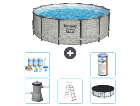 Piscina BESTWAY Round Steel Pro MAX - Estampado Piedra - 427 x 122 cm - Incluye Bomba - Escalera - Cobertor Paquete de mantenimiento - Filtrar