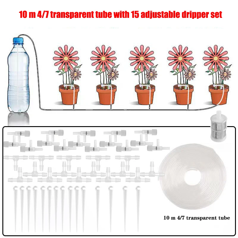 (manguera De 10 Metros, 15 Reguladores) Kit De Riego Por Goteo Para Jardín, Manguera De 4/7 Mm, Ahorro De Agua.