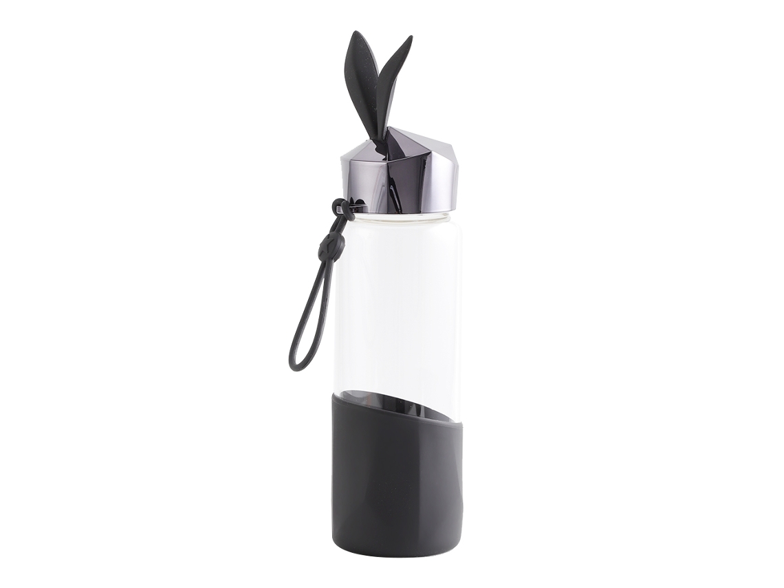 JILLIOPER Botella de Vidrio 350ml con Dibujo de Conejo Tierno, Vaso para Beber, Hogar Oficina (Negro)