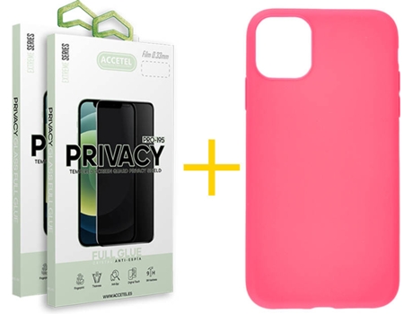 Carcasa + 2 Protectores de Vidrio Anti-Spy iPhone 13 Pro Max ACCETEL Silicona Liso Rosa