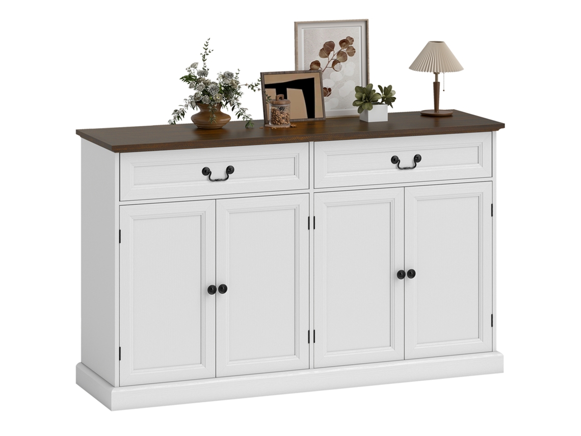 Aparador Para Salón, Mueble De Almacenamiento Con 4 Puertas, 2 Cajones Con Cierre Suave, Estantes Ajustables, 140x40x85cm, Blanco Y Marrón.