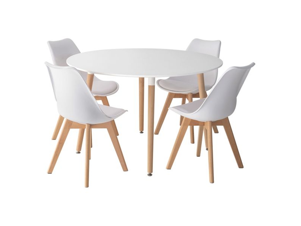 Mesa redonda MARTHA 120cm y 4 sillas NORA blancas HAPPY GARDEN