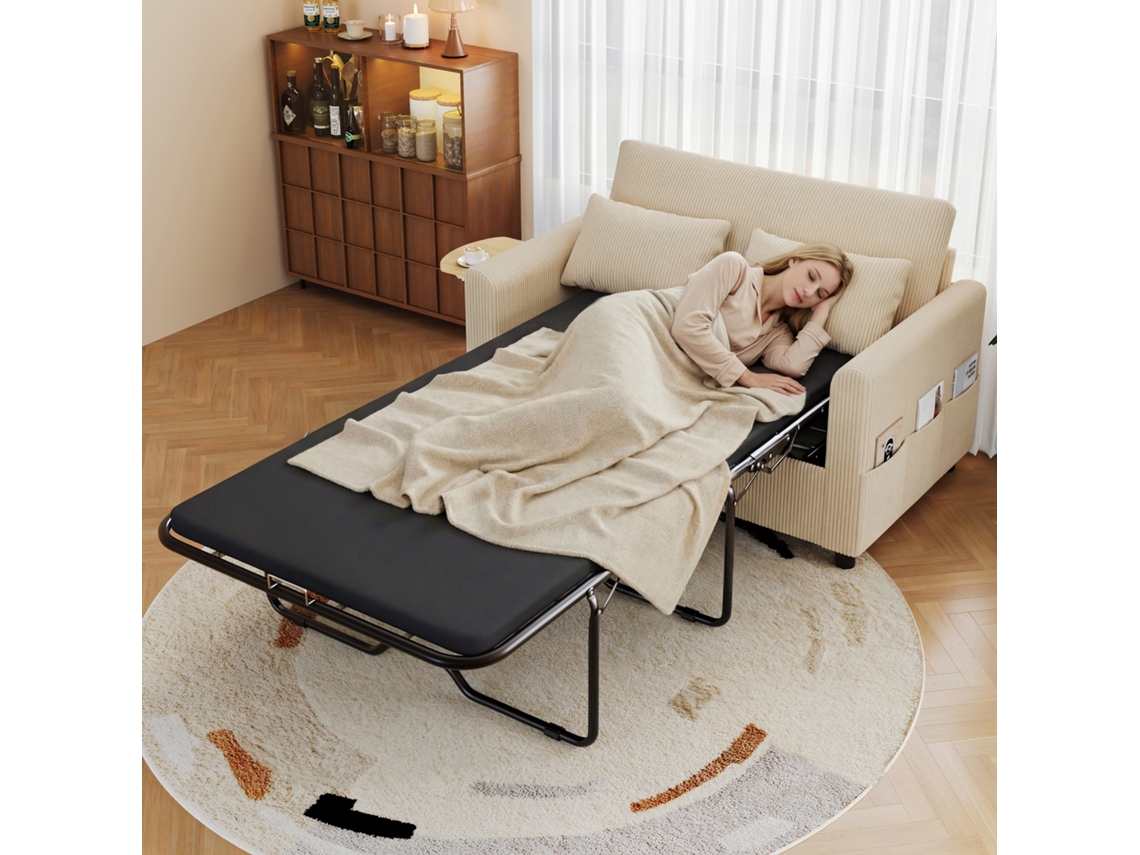 Sofá Cama Extensible De 2 Plazas Con Puerto Usb Y Mesa Auxiliar Plegable, Color Beige.