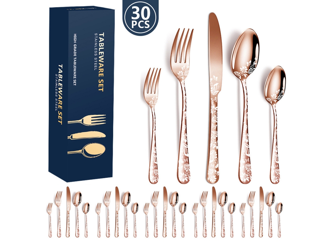 Juego de cubiertos de acero inoxidable, 30 piezas, utensilios de cocina para 6 personas, color oro rosa. Siurn