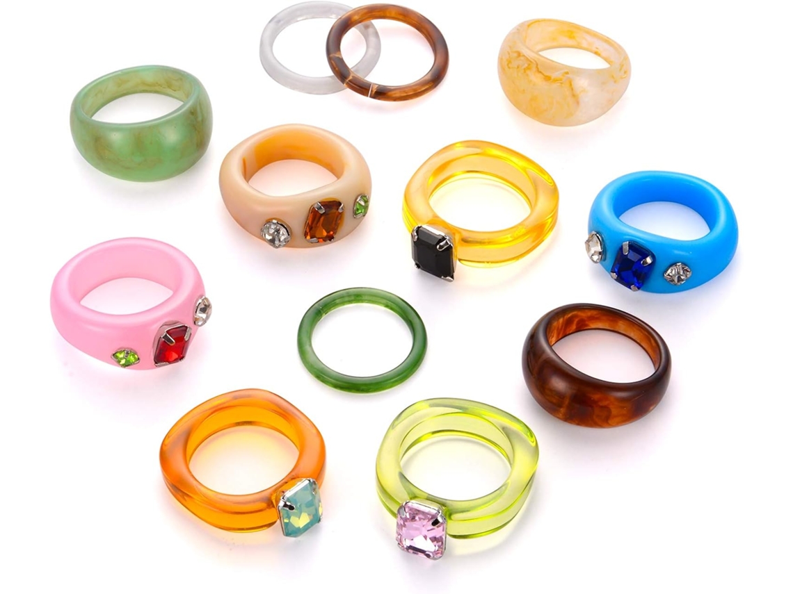 12 anillos de resina para mujer, estilo retro, gruesos, acrílicos, coloridos, de plástico, con piedras de cristal y diamantes brillantes, para adultos.