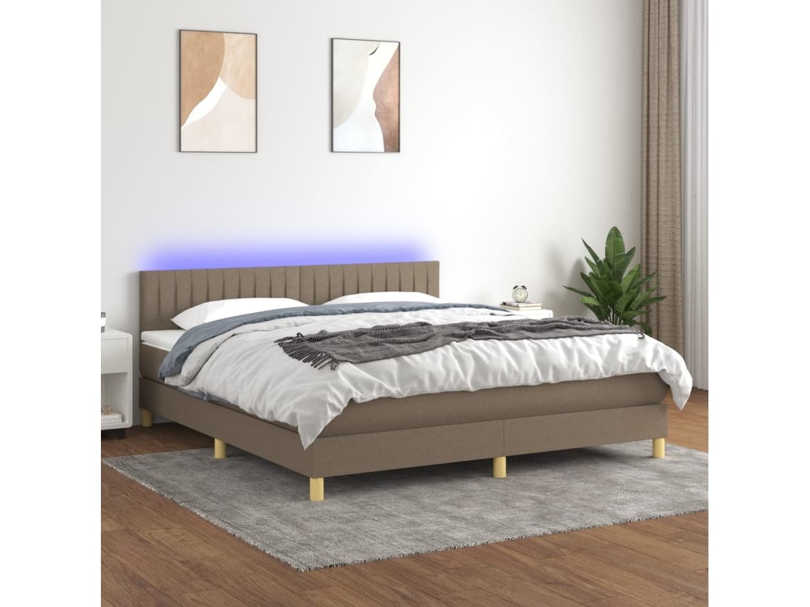Cama Box Spring Con Colchón Led Tela Gris Taupe 160x200 Cm