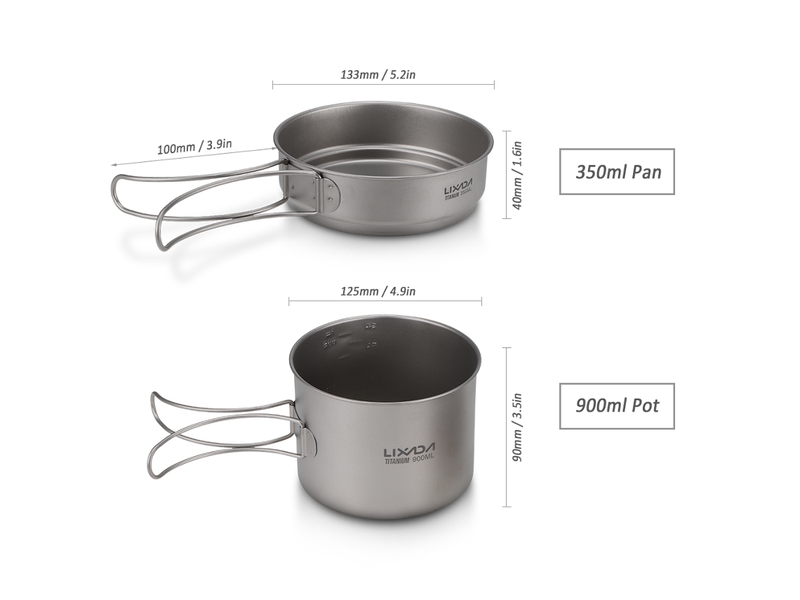 Juego De Utensilios De Cocina Ultraligeros De Titanio Para Camping, De 900 Ml Y 350 Ml, Con Asas Plegables.