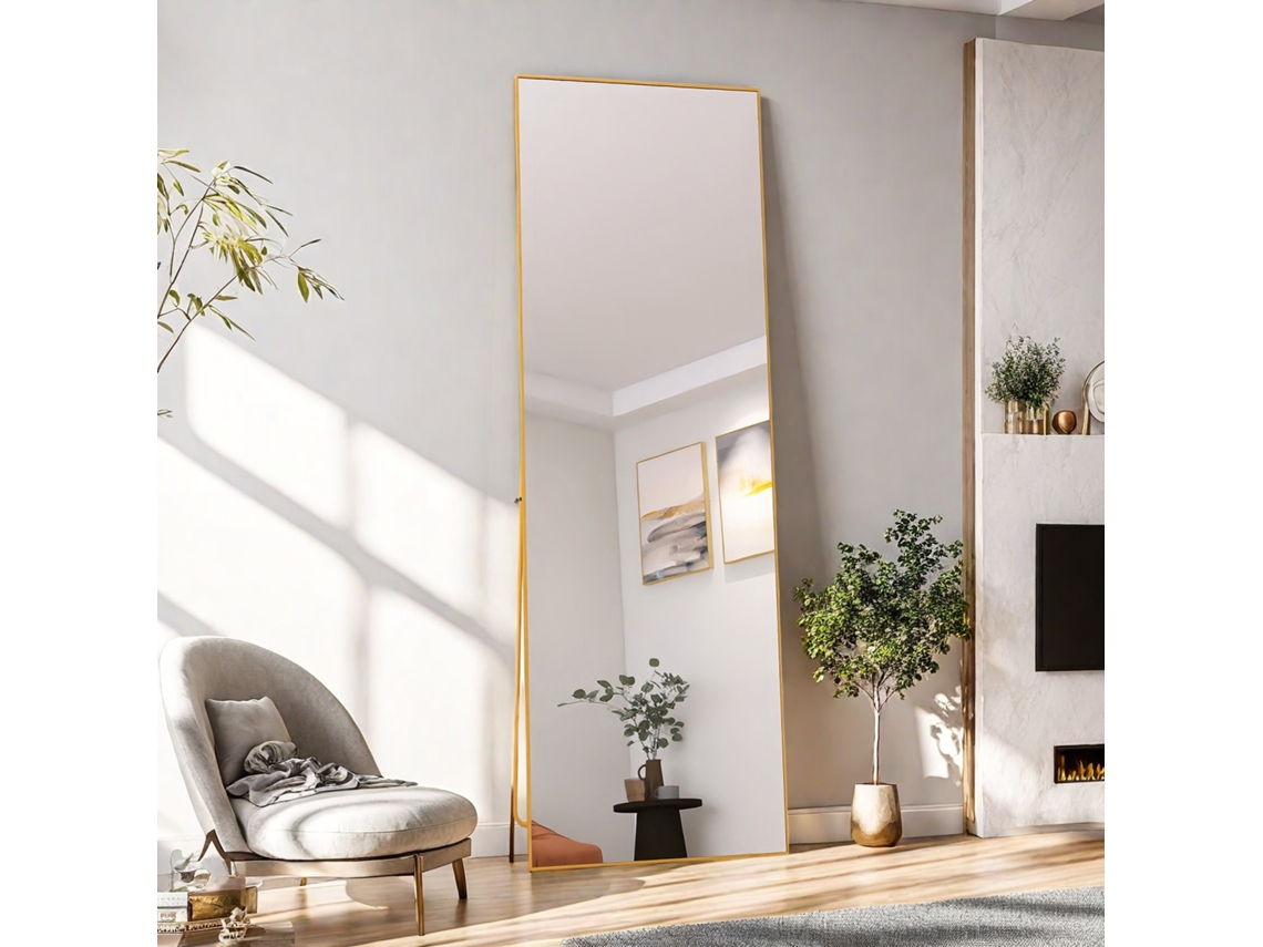 Espejo de maquillaje rectangular de vidrio templado con marco de aluminio dorado, 162 x 53 cm, diseño moderno y elegante para dormitorio o baño. Ycone