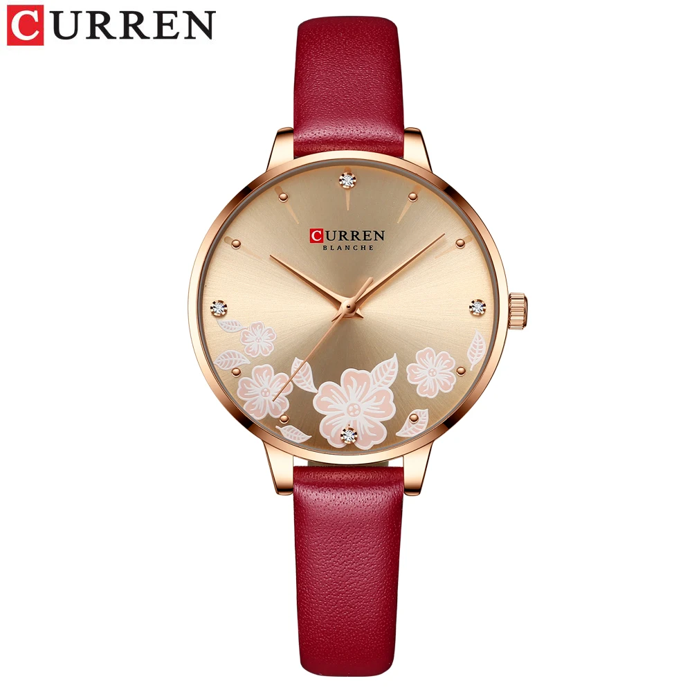 Relógio De Pulso Feminino Em Couro Genuíno, Com Mostrador Floral Encantador (vermelho).