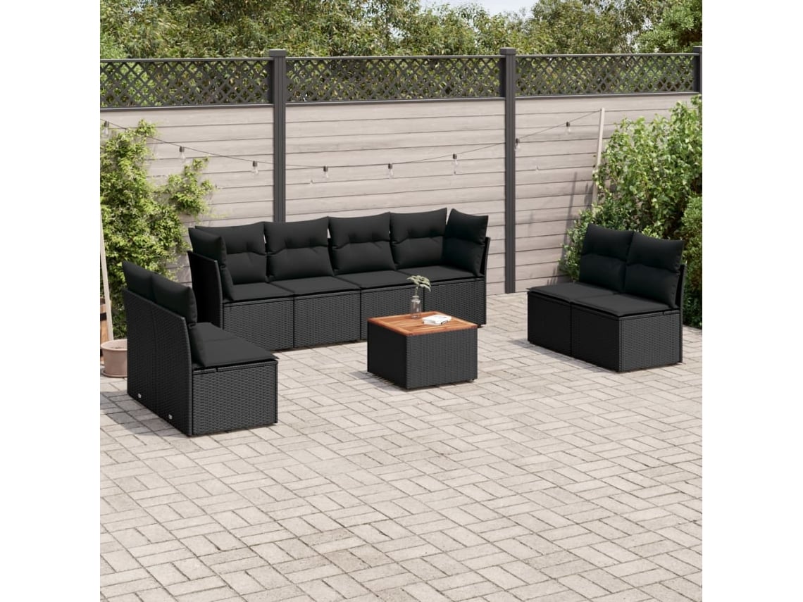 Conjunto de sofá de jardín de 9 piezas con cojines, ratán negro, Dkd Home Decor