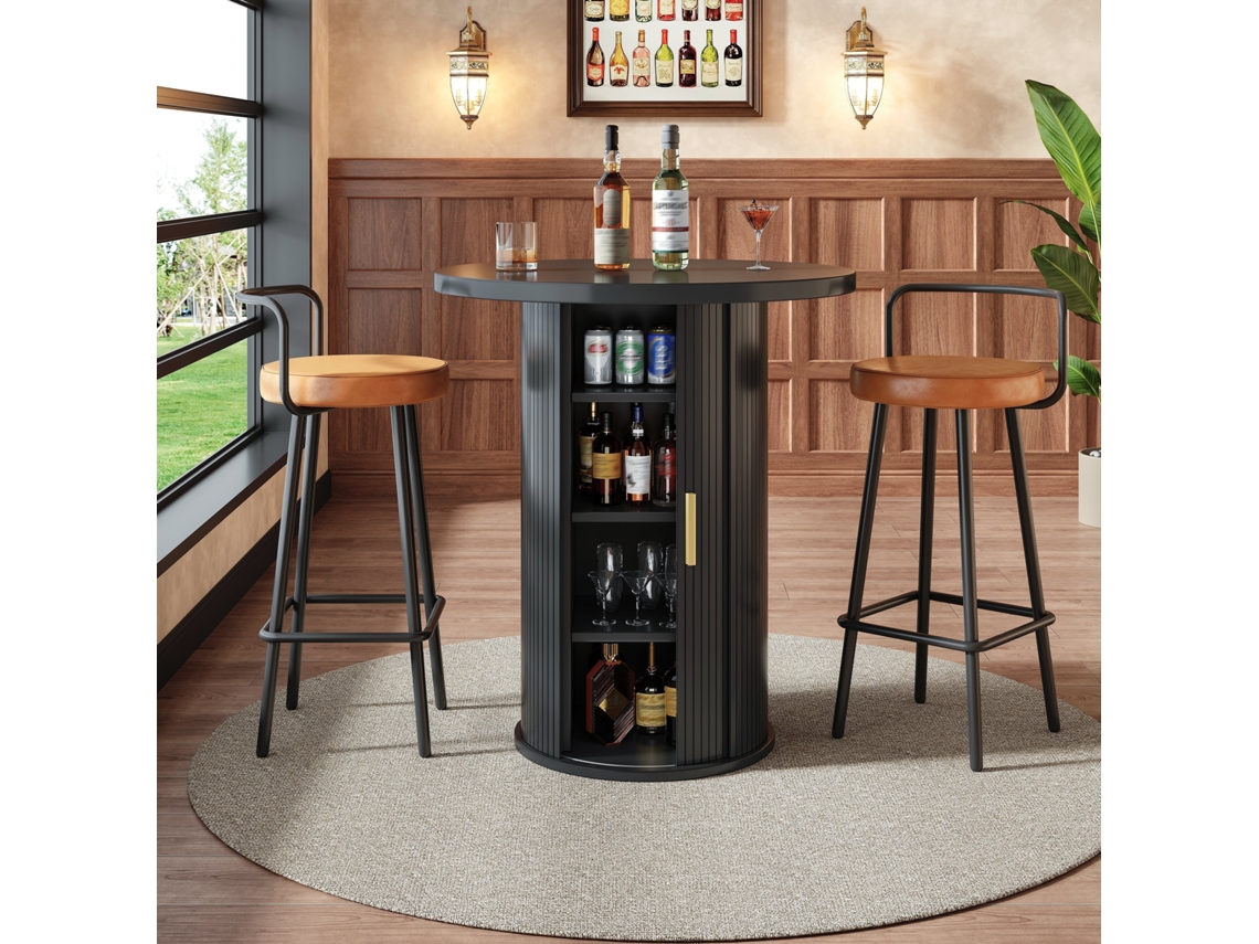 Mesa alta de bar redonda 91,6 cm - almacenaje, armario integrado, MDF efecto madera, carga 75 kg, bar/salón - negro