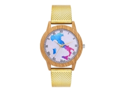 Reloj De Cuarzo Unisex Casual Con Correa De Malla De Acero, Dial Con Mapa Y Números Romanos, Oro Zhoulianfa