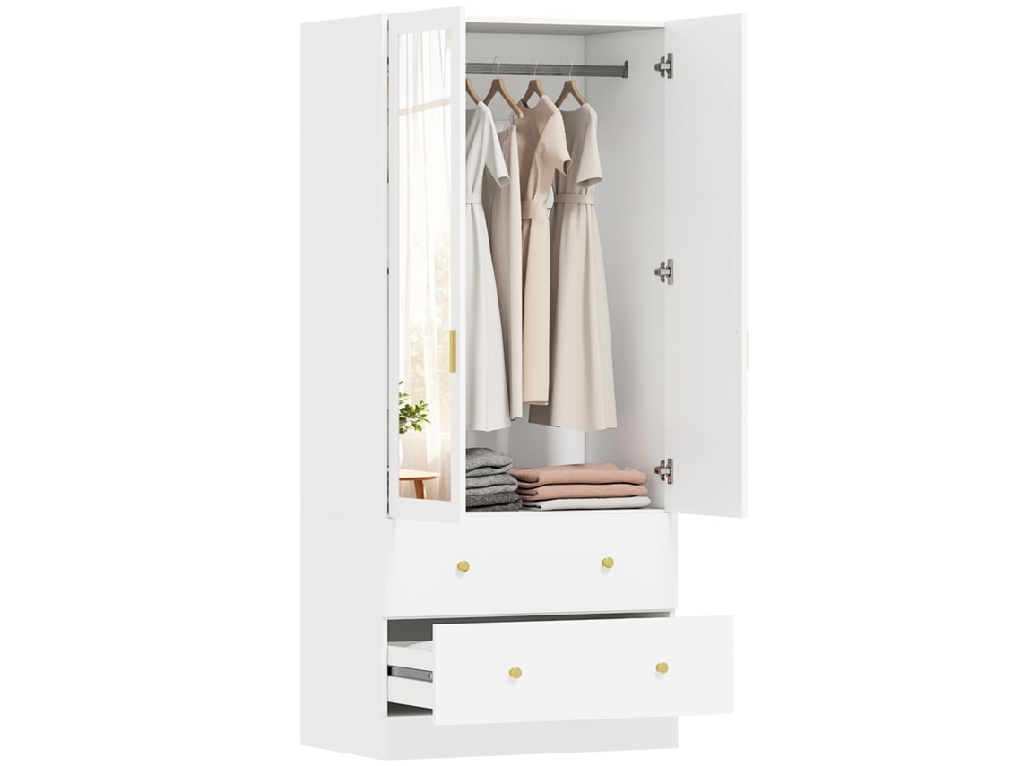 Armario De Dormitorio Con Espejo, 2 Puertas, 2 Cajones Y Barra Para Colgar Ropa, 80 X 50 X 180 Cm, Blanco.
