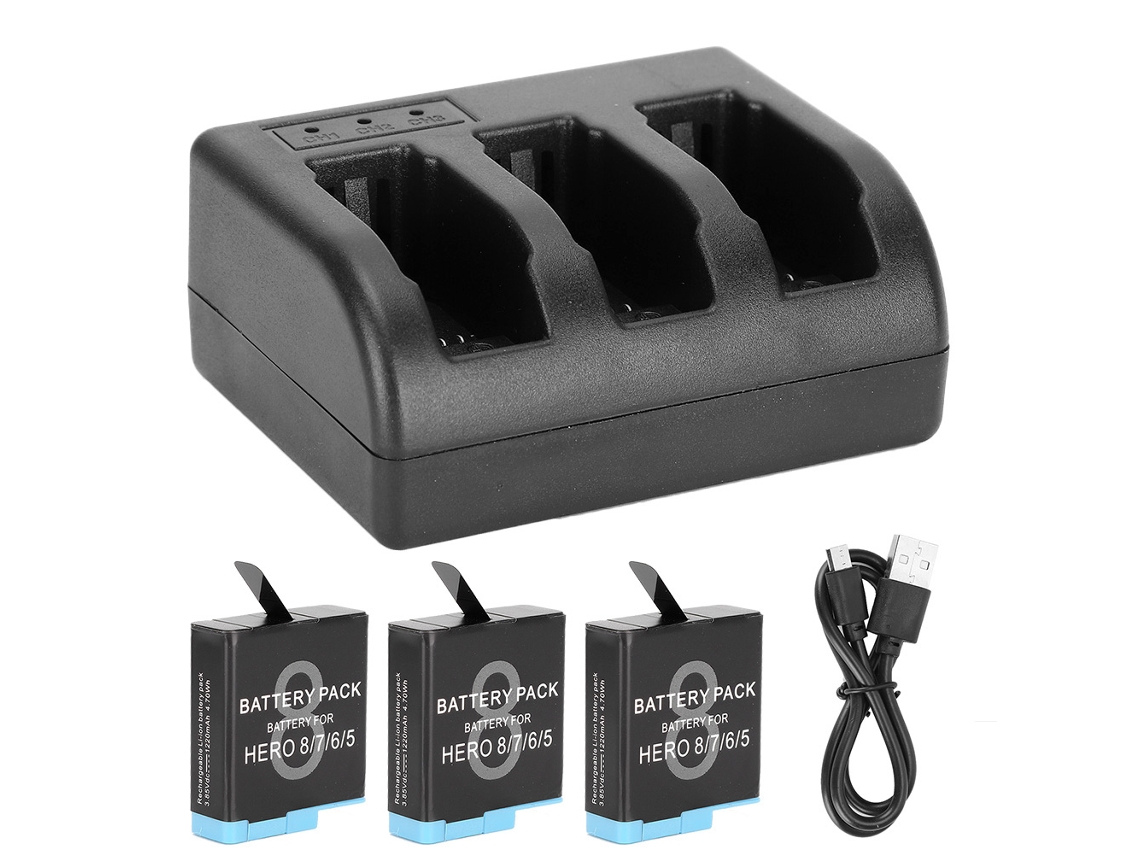 Batería Recargable Ahdbt-801 Con Cargador De 3 Canales Para Gopro Hero 8/7/6/5