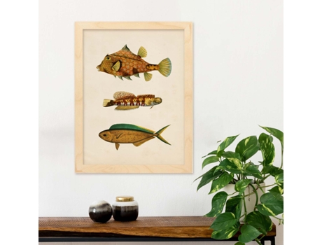 Póster NACNIC de Tres Peces Marrones, Verdes y Naranjas en , Fondo Papel Vintage.