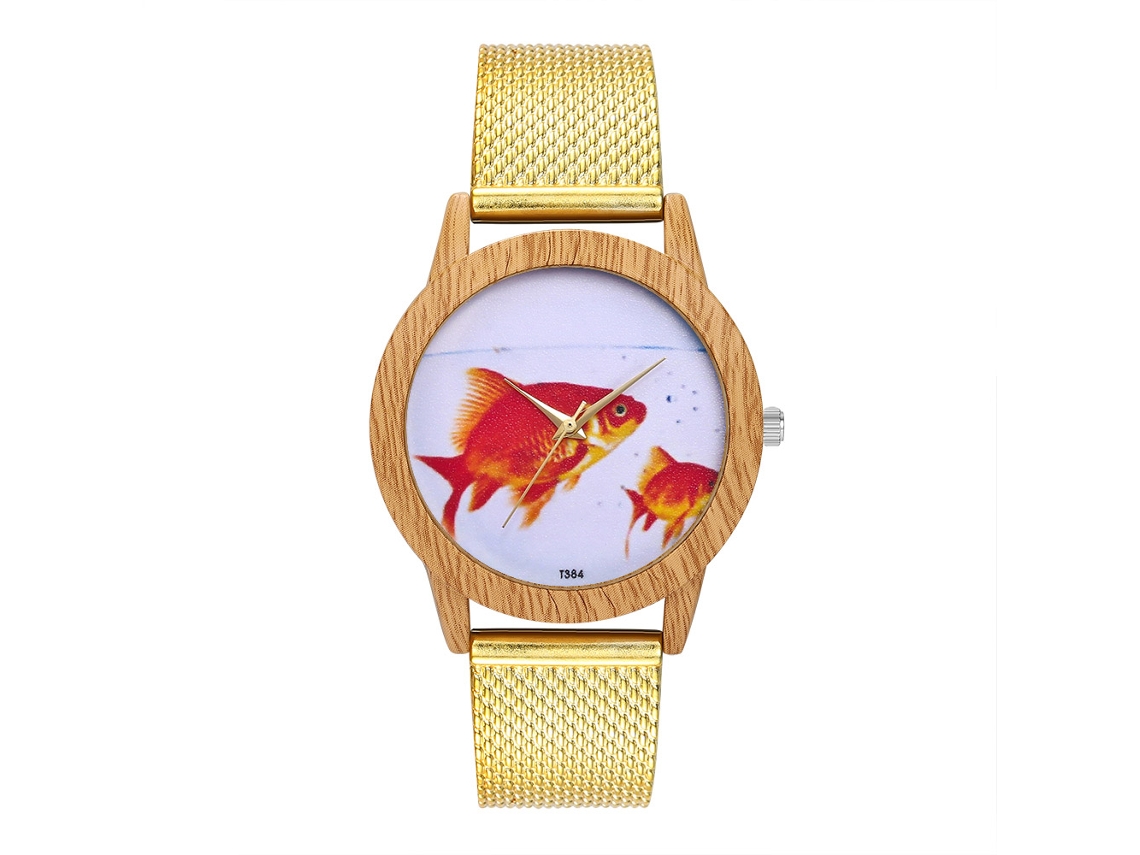Reloj De Pulsera Unisex Con Estampado De Peces Dorados, Correa De Malla Y Movimiento De Cuarzo (dorado).