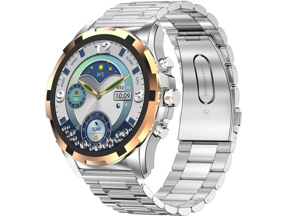 Reloj inteligente con llamadas Bluetooth, actualizaciones meteorológicas, control de música, monitoreo de frecuencia cardíaca y múltiples modos.