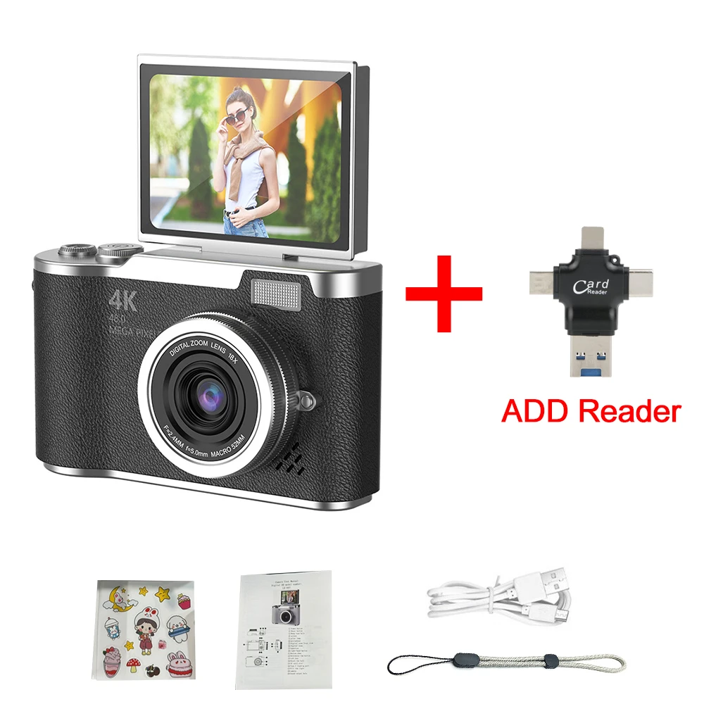(negro Con Lector De Tarjetas -16gb) Cámara Digital 4k -48 Mp - Cámara Infantil - Autoenfoque - Pantalla De 2,4 Pulgadas -180° Flip