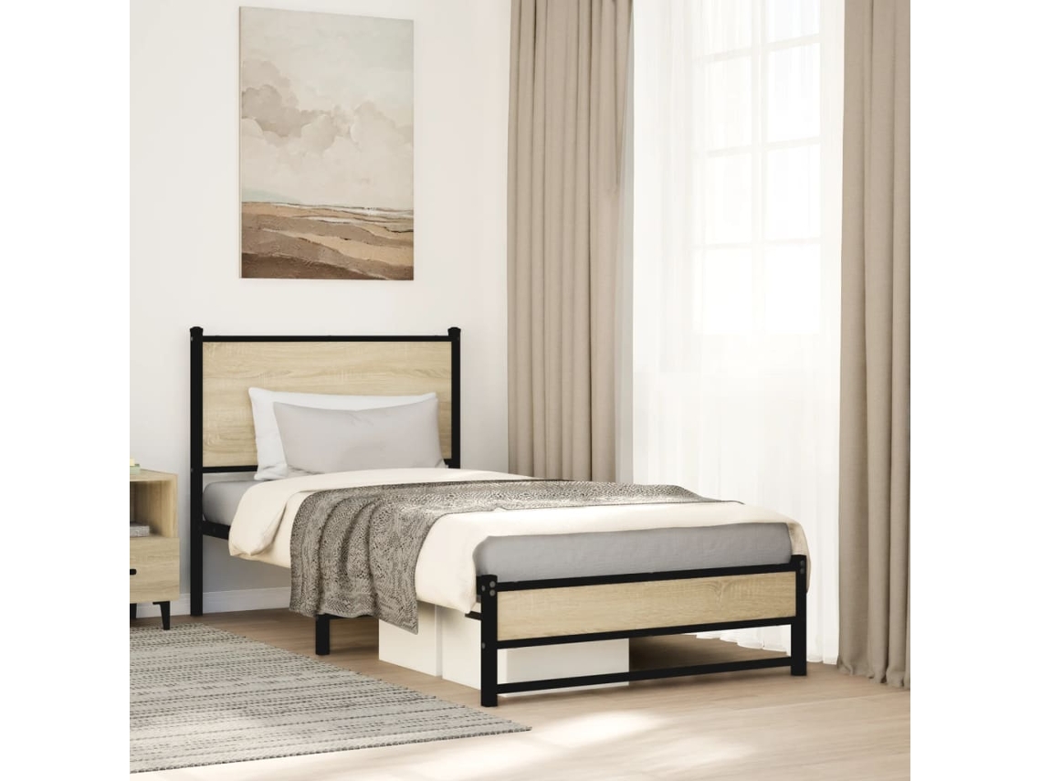 Estructura De Cama Sin Colchón Metal Roble Sonoma 90x200 Cm