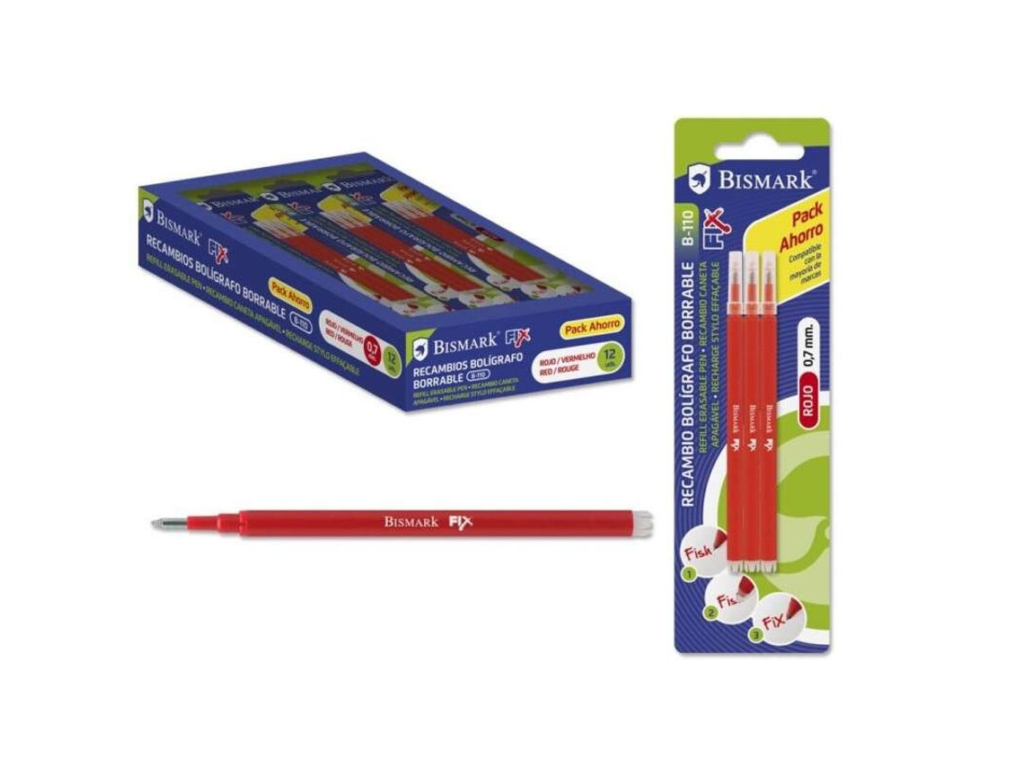 Pack de recambios con 3 recambios borrables para bolígrafo, punta fina de 0,7 mm, color rojo Bismark