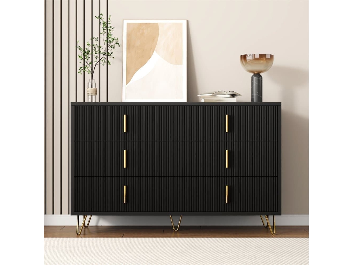 Aparador 120x40x77 Cm - Con 6 Cajones - Tiradores Dorados - Negro
