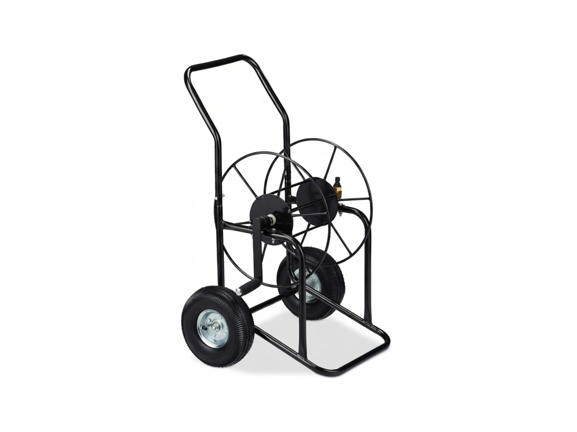 Relaxdays Carro Para Manguera De Riego, Soporte Portátil, Conector De 1/2" 3/4", Hasta 80m, Metal, 1 Ud., Negro