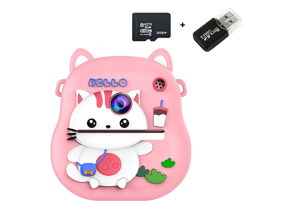 Cámara instantánea Eifson S8, cámara dual HD de 4800 W, pantalla IPS 2.0 con tarjeta de memoria de 32 GB (gato rosa)