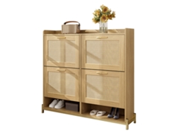 Elegante zapatero de madera con puertas de ratán: 4 puertas, estructura de metal y estante superior para un almacenamiento elegante y organizado.