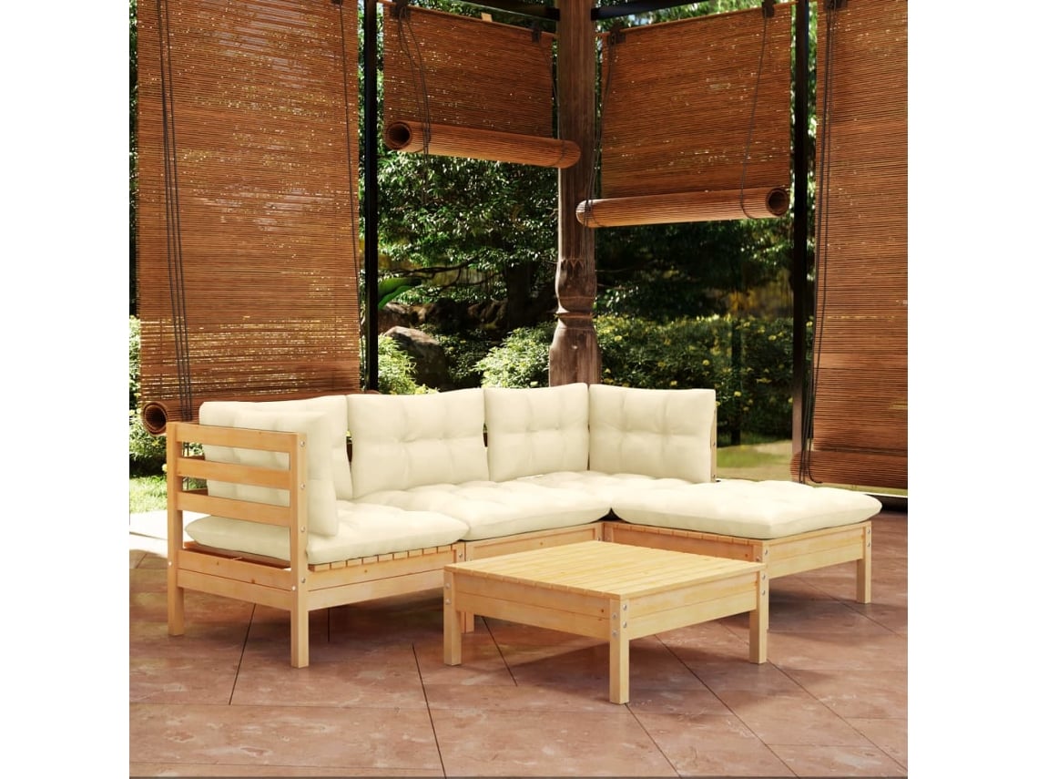 Pcs Conjunto Lounge Jardim C/ Almofadões Cor Creme Pinho Dkd Home Decor