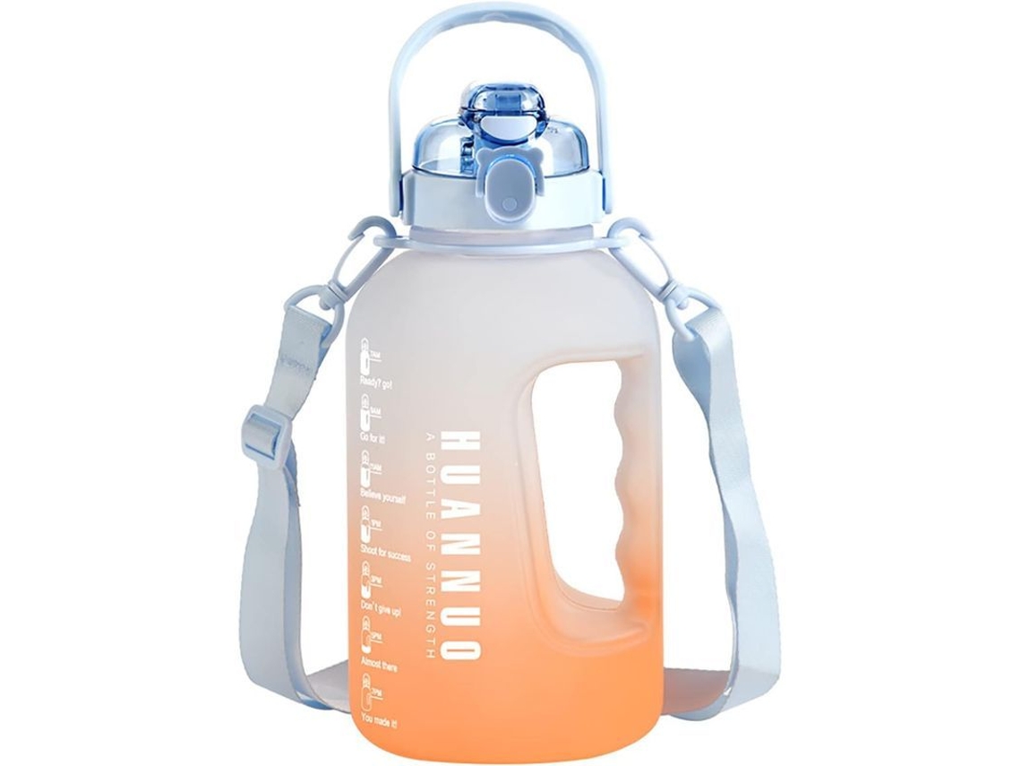 Botella de agua Rebe-Linjou de 2,2 litros, libre de BPA, con pajita y marcadores de tiempo en degradado azul y naranja.