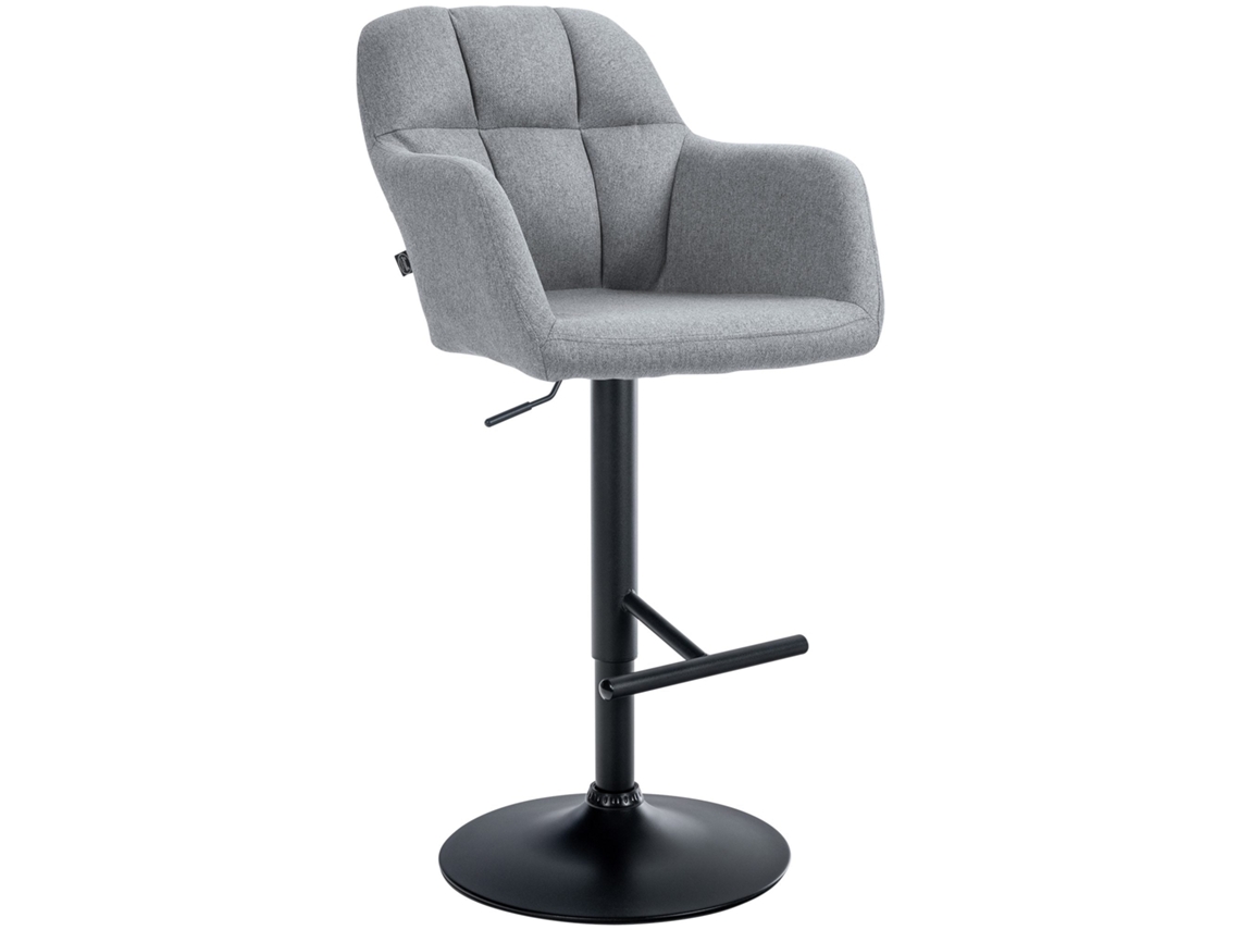 Taburete alto giratorio 360° tapizado en tela gris con costuras decorativas, base de metal negro 10_0005280
