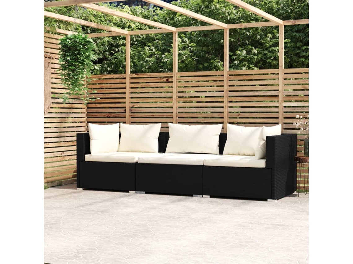 Sofá De 3 Plazas | Sofá De Salón | Sofá De Descanso Con Cojines Ratán Sintético Negro Wsd903890