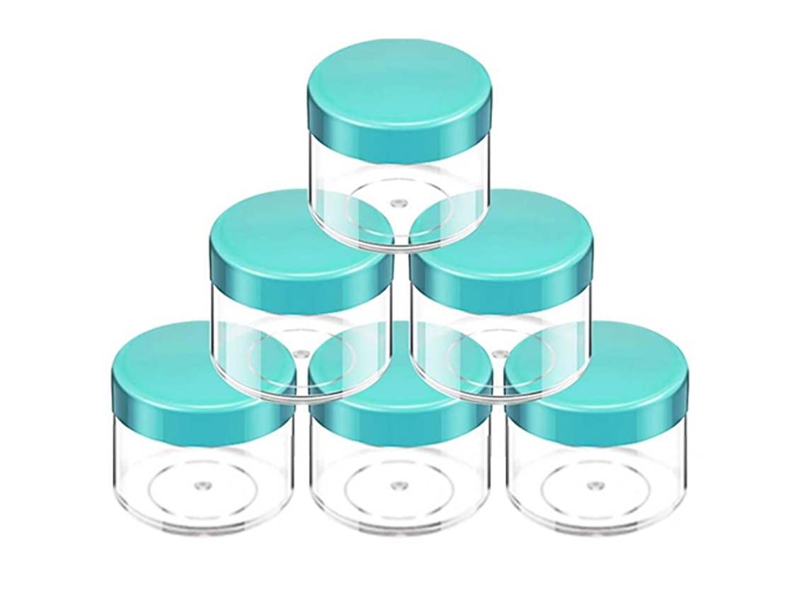 Botellas redondas de plástico transparente Beauticom de 60 ml con tapa azul, herméticas, tamaño de viaje, para maquillaje, cosméticos, lociones y cremas (56 ml)