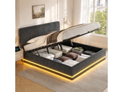 Cama Tapizada Moderna De 180x200 Cm Con Led, Usb-c, Cabecero Ajustable, Tejido De Pana, Amplio Compartimento De Almacenamiento, Color Gris.