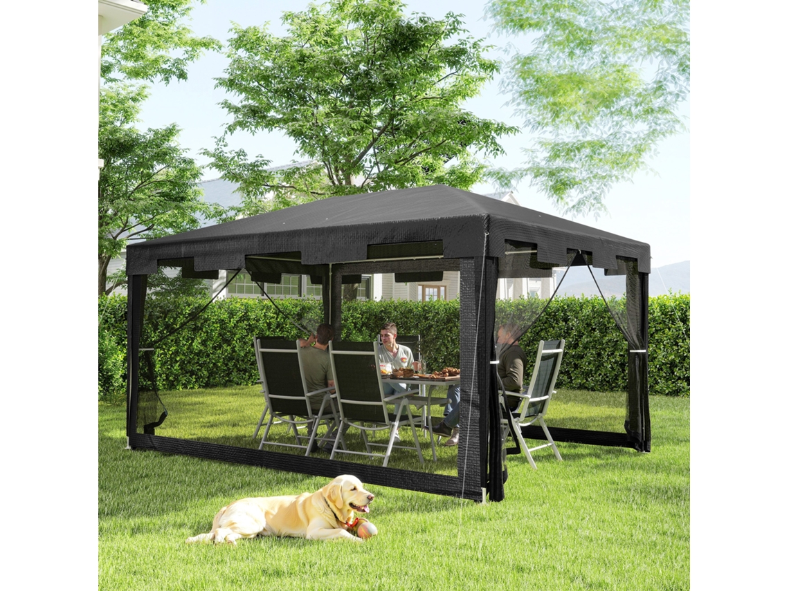 Gazebo De Exterior 4x3m Com 4 Telas Mosquiteiras Laterais, 2 Portas Com Zíper E 6 Orifícios De Drenagem, Cinza Escuro.