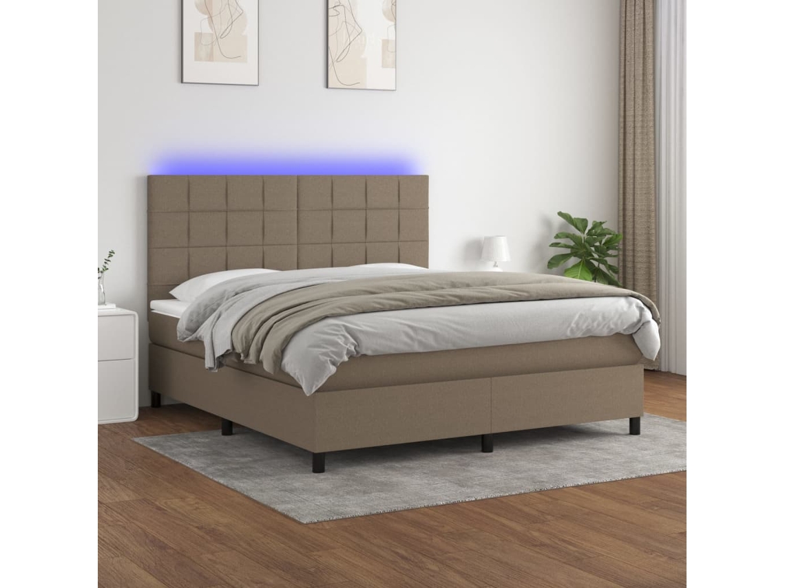 Cama Box Spring Colchón Y Luces Led Tela Gris Taupe 180x200 Cm