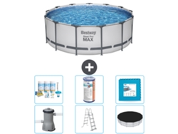 Piscina BESTWAY Round Steel Pro MAX - 396 x 122 cm - Gris - Bomba incluida - Escalera - Cobertor Paquete de mantenimiento - Filtrar - Baldosas
