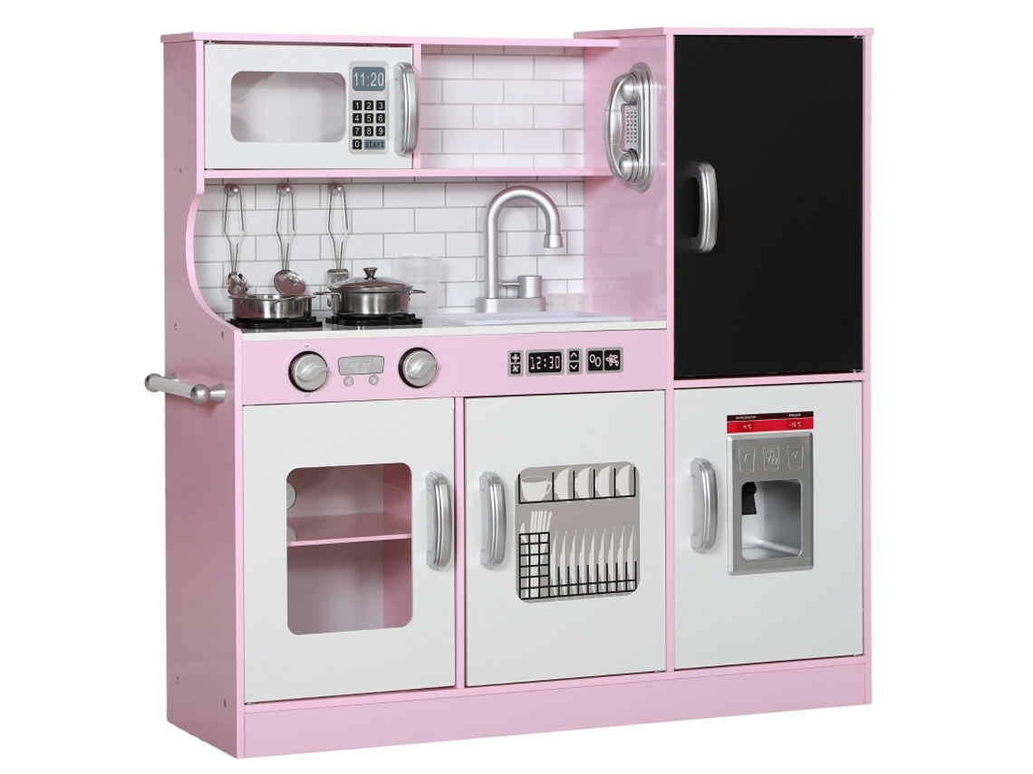 Juego De Cocina Con Pizarra, Teléfono Y Heladera Rosa, 84x27x81cm