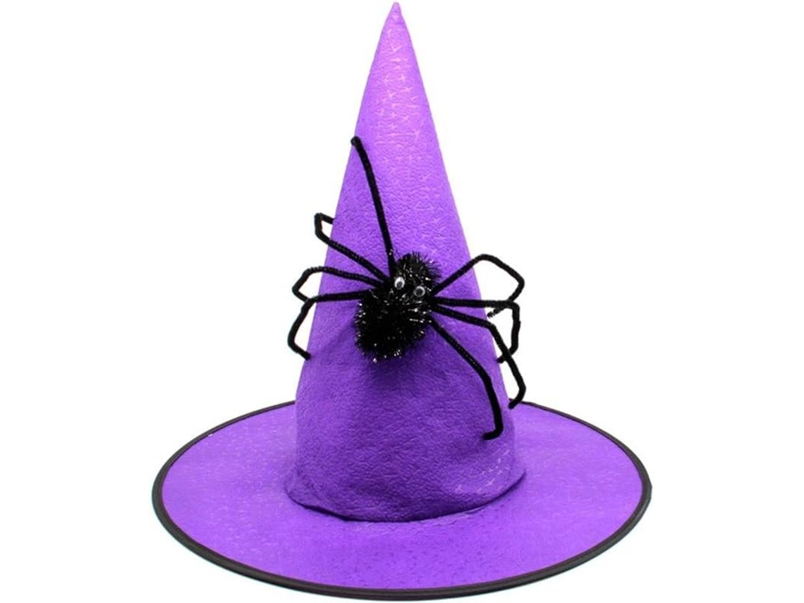 Sombrero De Bruja Morado Con Araña Peluda Negra - Accesorio De Disfraz De Halloween Para Adultos