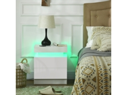 Mesa De Cabeceira Branca Com Luz Led, Frente Em Alto Brilho, 2 Gavetas E Controle Remoto, 45x35x52 Cm