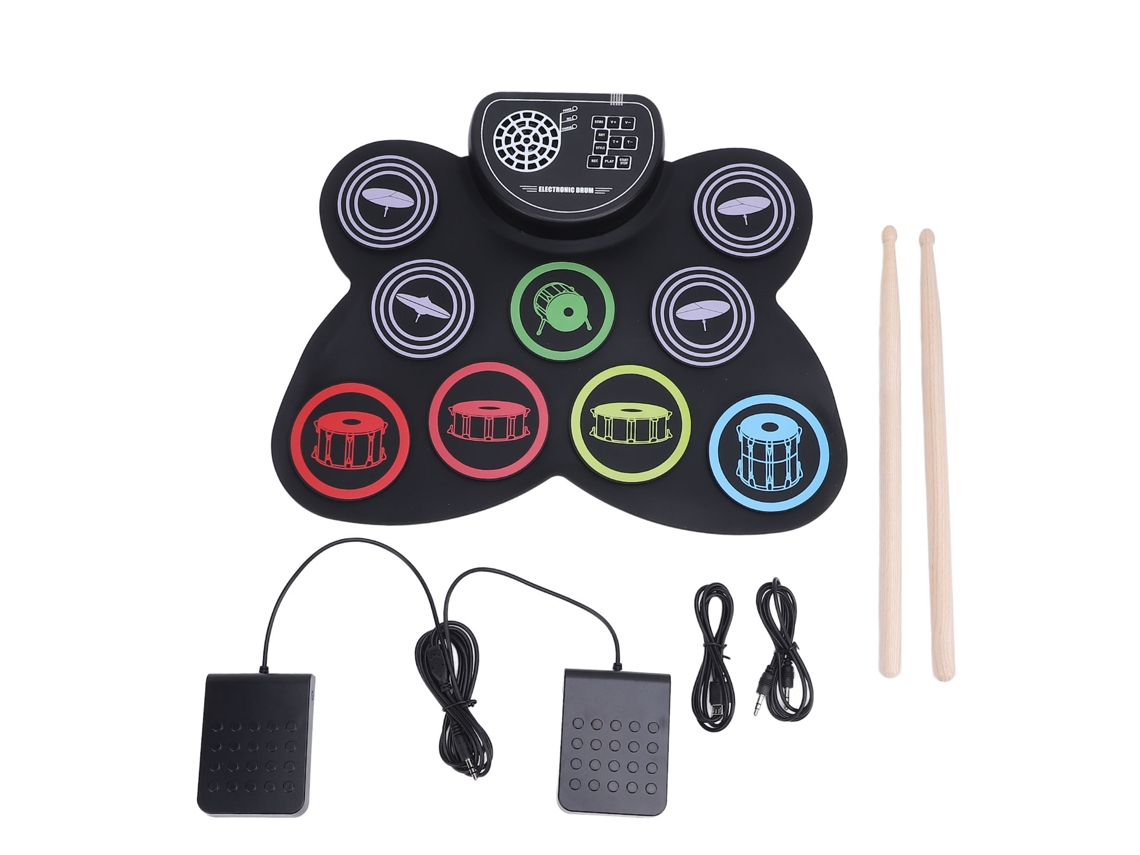 Batería Electrónica Portátil Con 9 Pads, Pedales, Baquetas Y Altavoces - Recargable